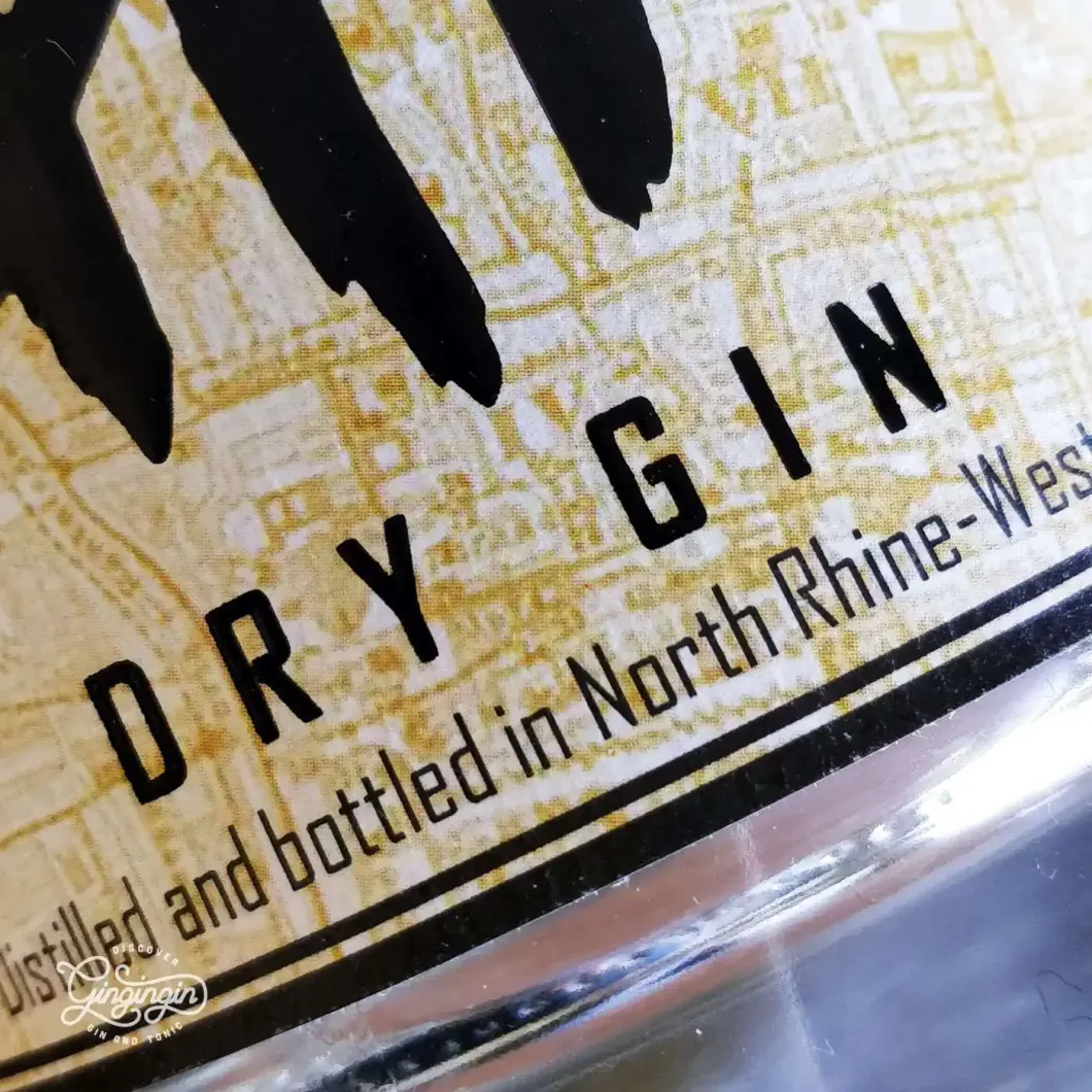 A photo of a label of a dry gin taken very close up